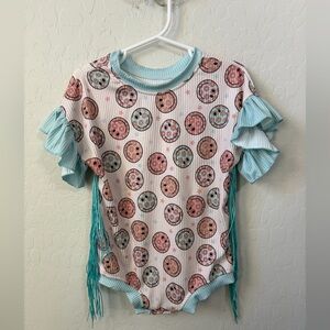 Girls Light Blue & Pink Ruffled Sleeve Top - Brand Not Visible